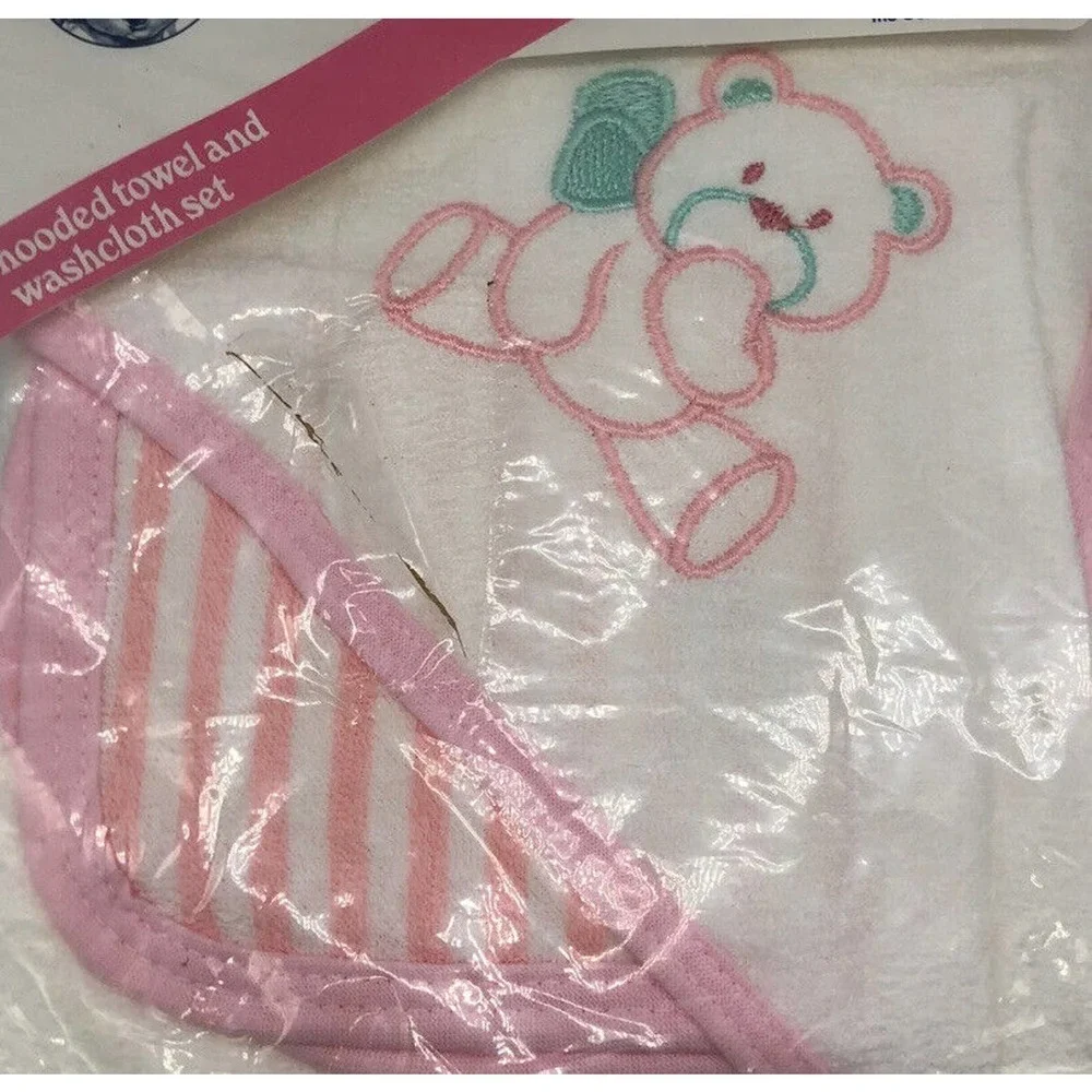 Vtg Gerber Hooded Bath Towel & Washcloth Set Girl Pink White Bear 90s 1991 NEW